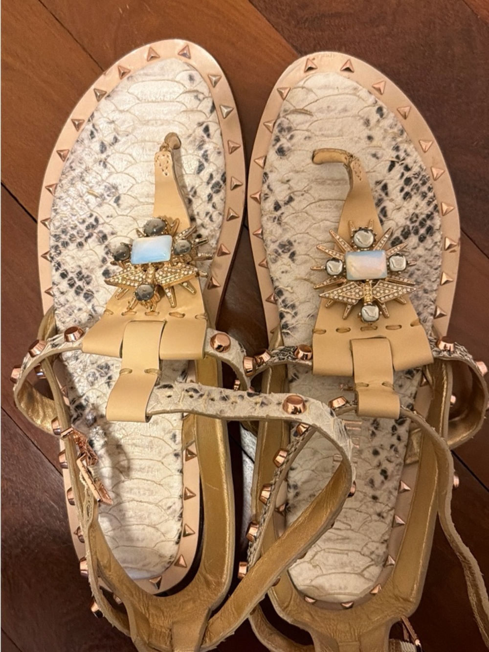 Ivy Kirzhner Tan Jeweled Snake-Print Thong Sandals